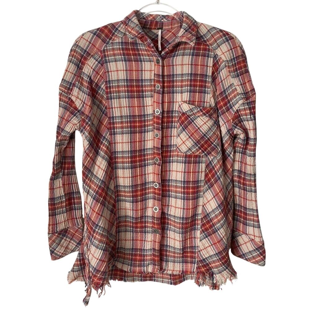 Free People  Juniper Ridge  Red Plaid Button Down Shirt Womens Size XS